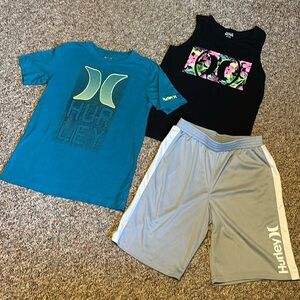 Bundle Hurley Boys Youth Large Teal T-shirt Black Sleeveless Tank Gray Shorts